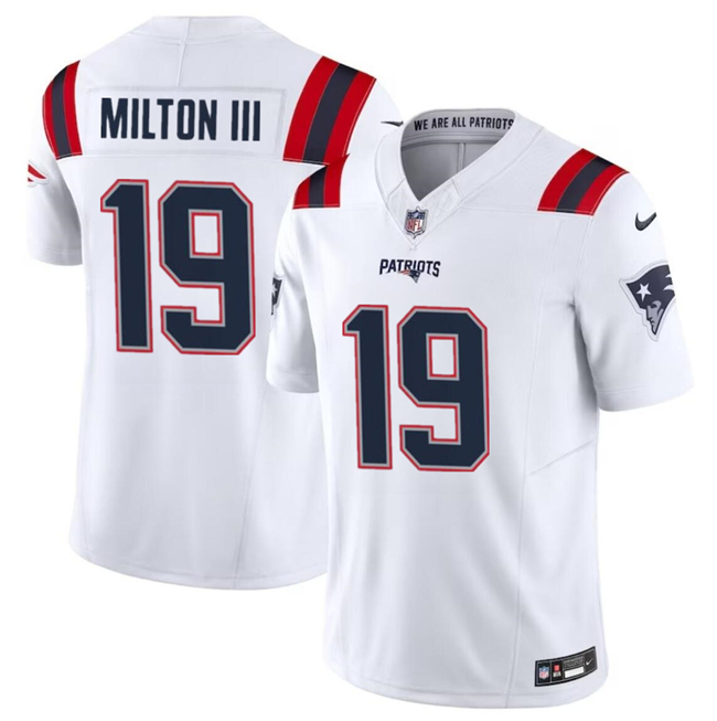 Men's New England Patriots #19 Joe Milton III White 2023 F.U.S.E. Vapor Limited Football Stitched Jersey